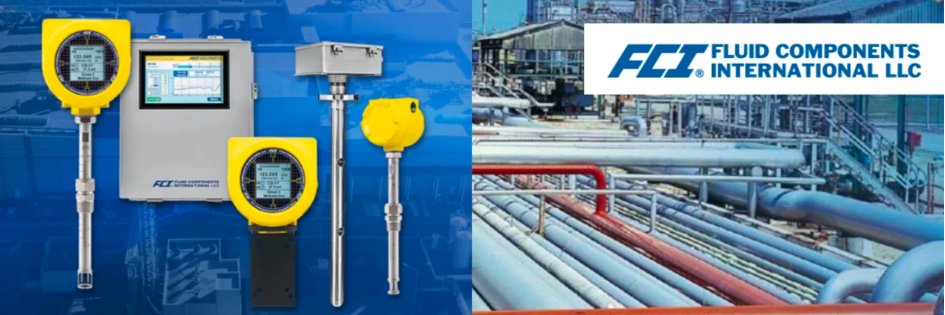 Image split in half, on one side showing flow meters products, and on the other side pipelines